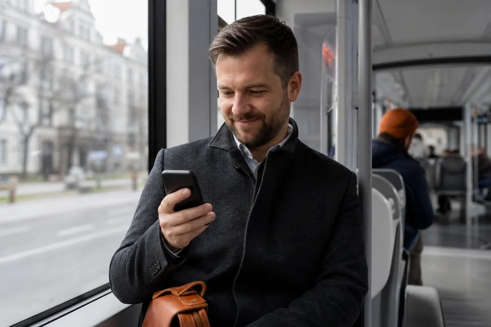 Kandydat czyta na telefonie wiadomość z decyzją po rekrutacji