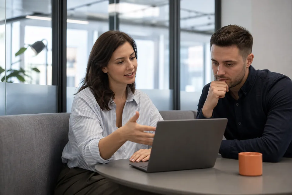 Specjalista marketingu analizuje wyniki kampanii na ekranie laptopa