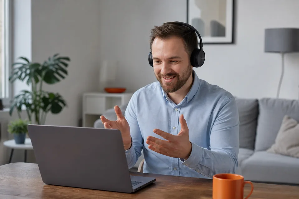 Kandydat podczas rozmowy kwalifikacyjnej online w domu