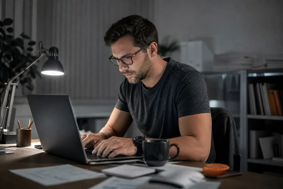Kandydat wieczorem przy laptopie opisuje przebieg swojej rekrutacji